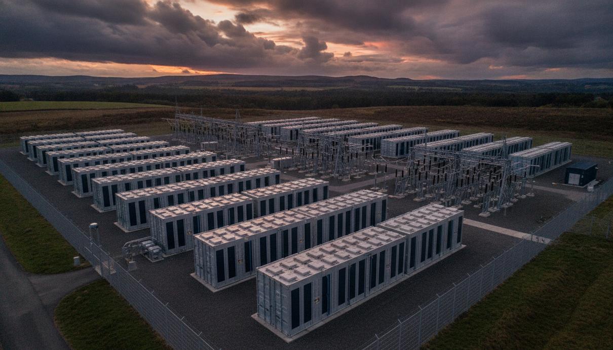 Revera Energy инвестирует £500 млн в системы накопления энергии в Шотландии Крупная промышленная система накопления энергии в Шотландии, ряды контейнеров с аккумуляторами и подстанция на фоне холмистого пейзажа.