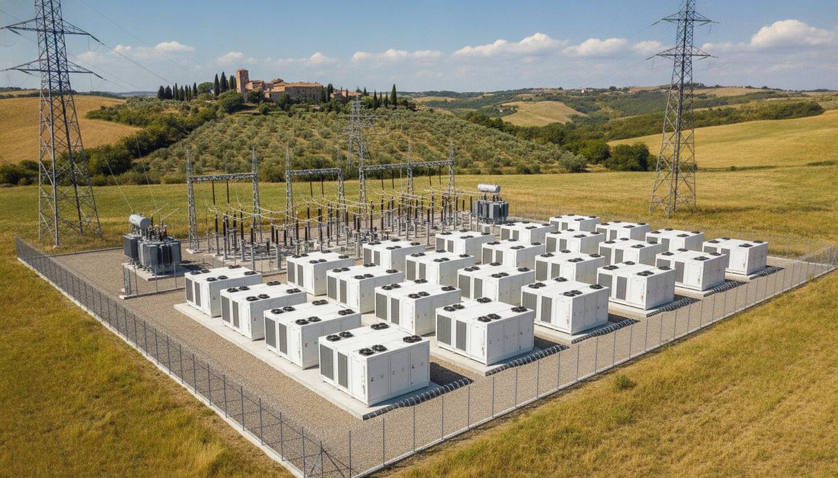 Octopus Energy и ZE Energy построят в Италии накопитель энергии на 895 МВт·ч Промышленный объект с контейнерами системы накопления энергии на фоне холмистого сельского пейзажа в Италии.
