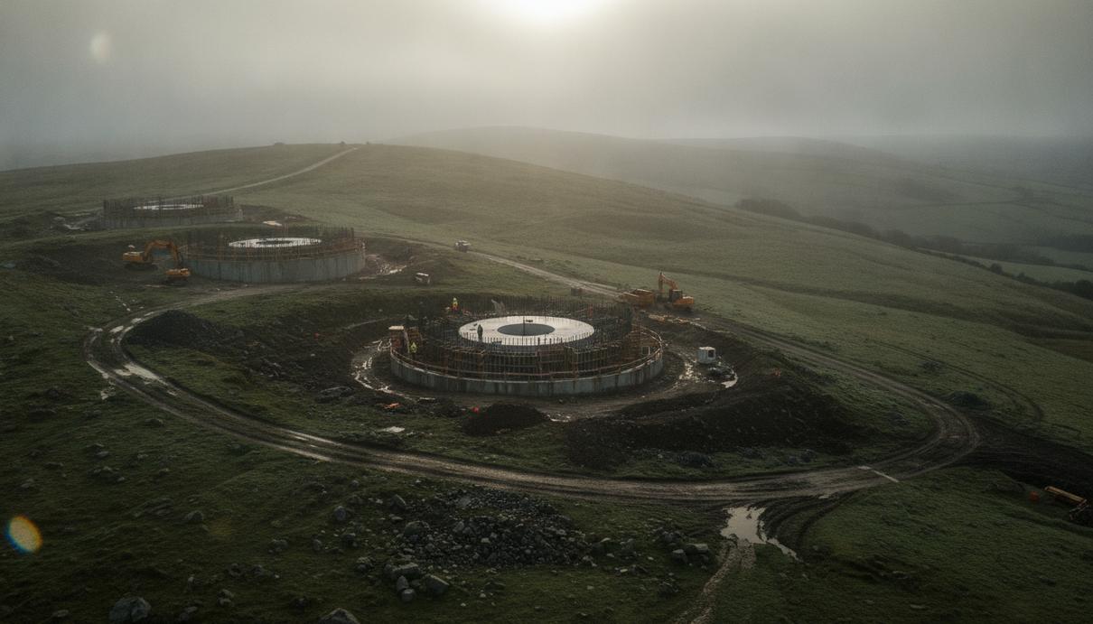 Bute Energy построит в Уэльсе первый ветропарк из портфеля на 2 ГВт Строительная площадка наземной ветряной электростанции на холмистой местности в Южном Уэльсе. Видны фундаменты ветрогенераторов и техника.