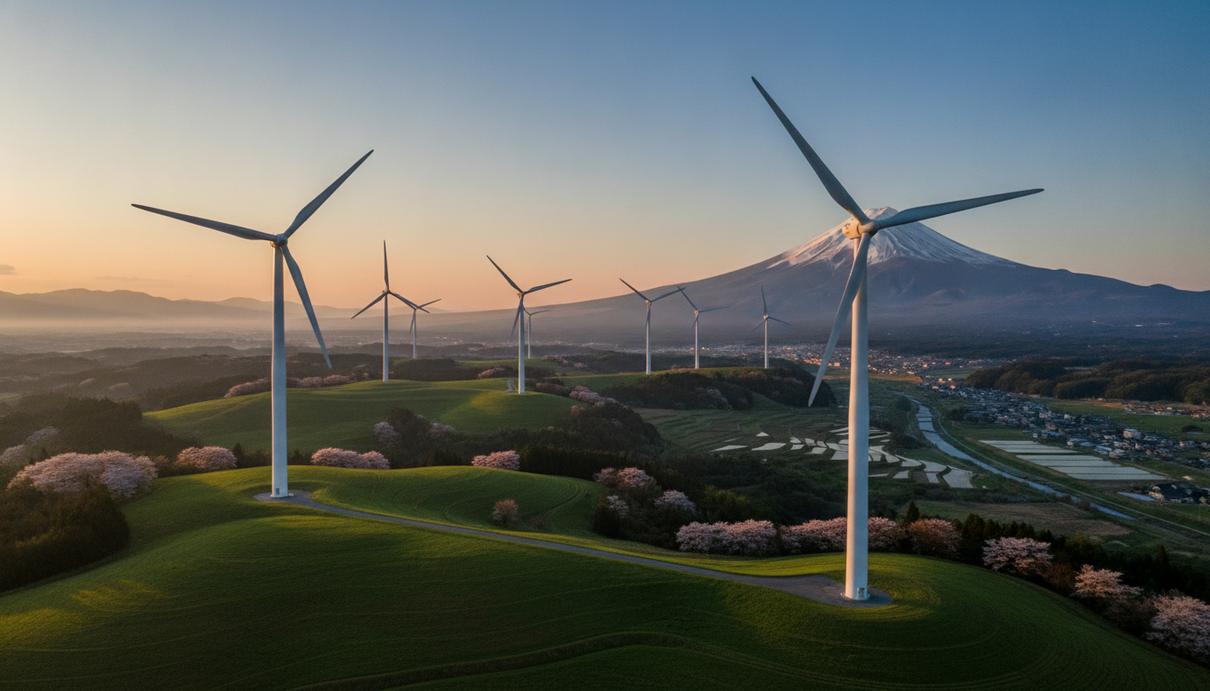 Vestas поставит турбины для модернизации ВЭС «Хатирю» в Японии Современные ветрогенераторы на зелёных холмах в Японии на рассвете.