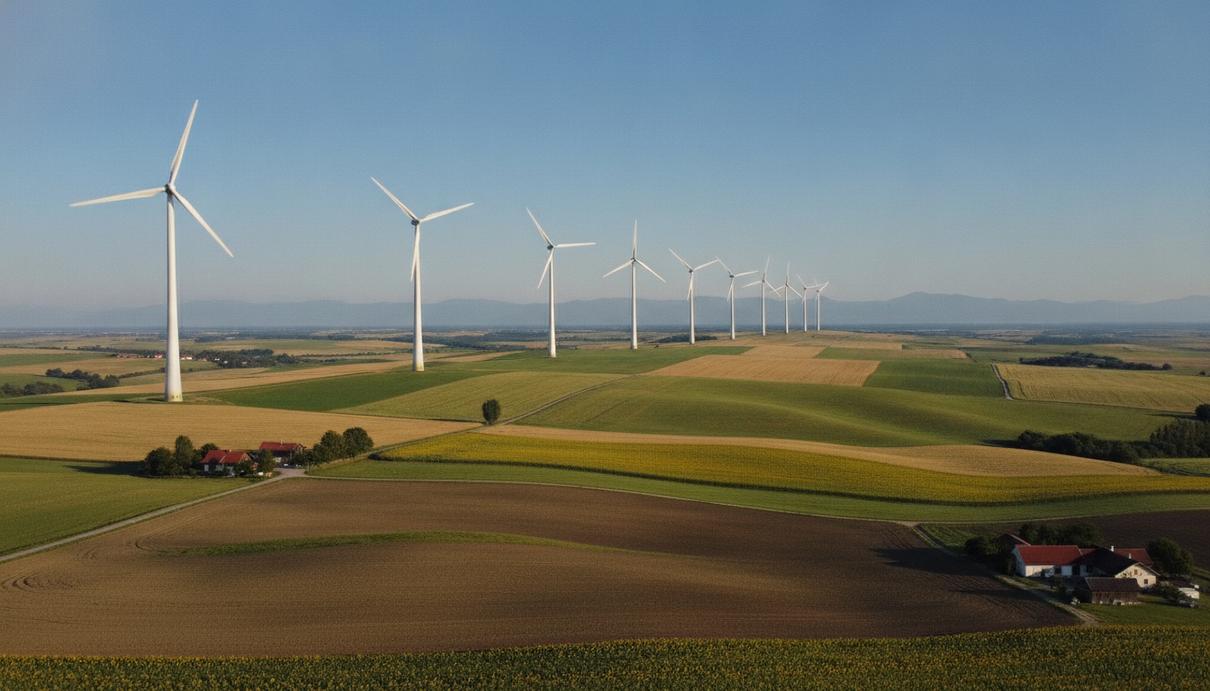 Wien Energie ввела в строй свою самую мощную ветряную электростанцию Ряд белых ветрогенераторов на холмистой равнине в Нижней Австрии. Солнечный день, чистое небо.