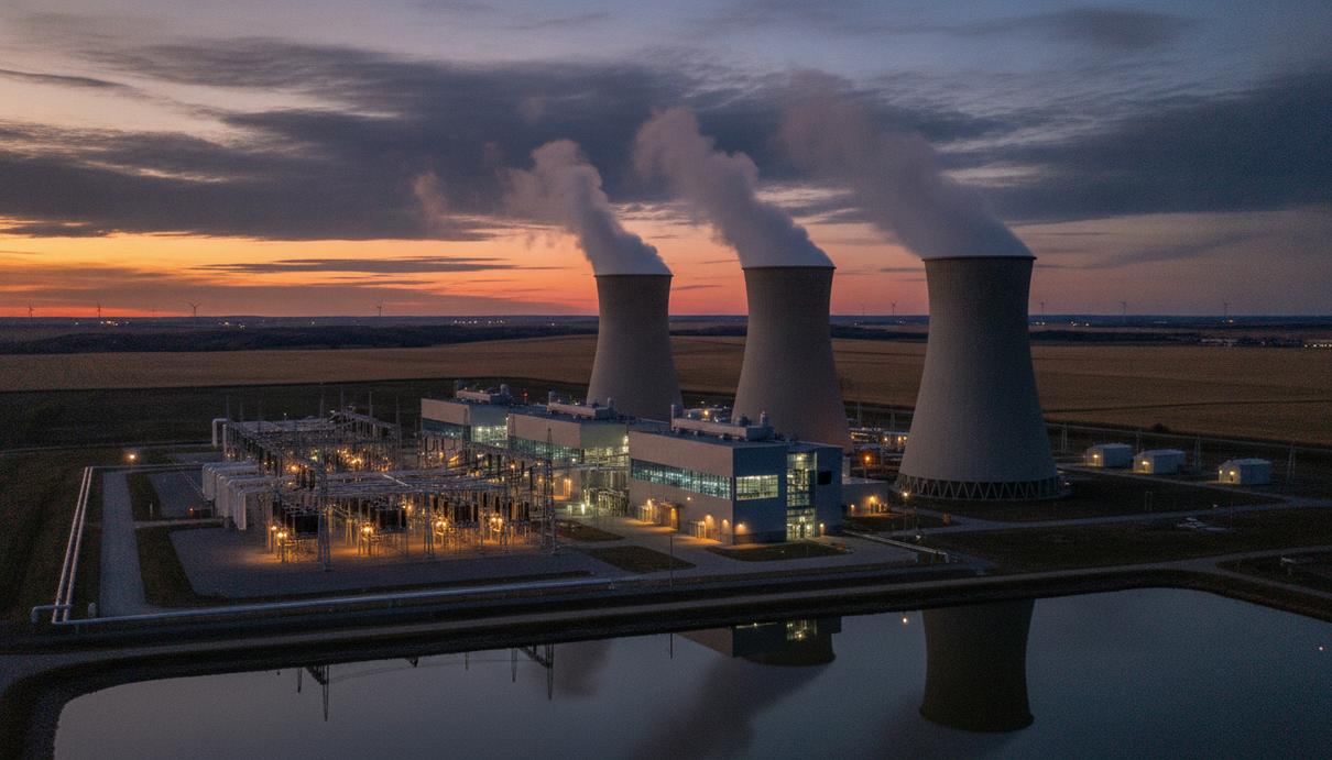 Invenergy вложит $765 млн в газ вместо офшорного ветра в США Современная газовая электростанция на фоне заката, из градирен поднимается пар, вид на равнинный пейзаж Среднего Запада США.
