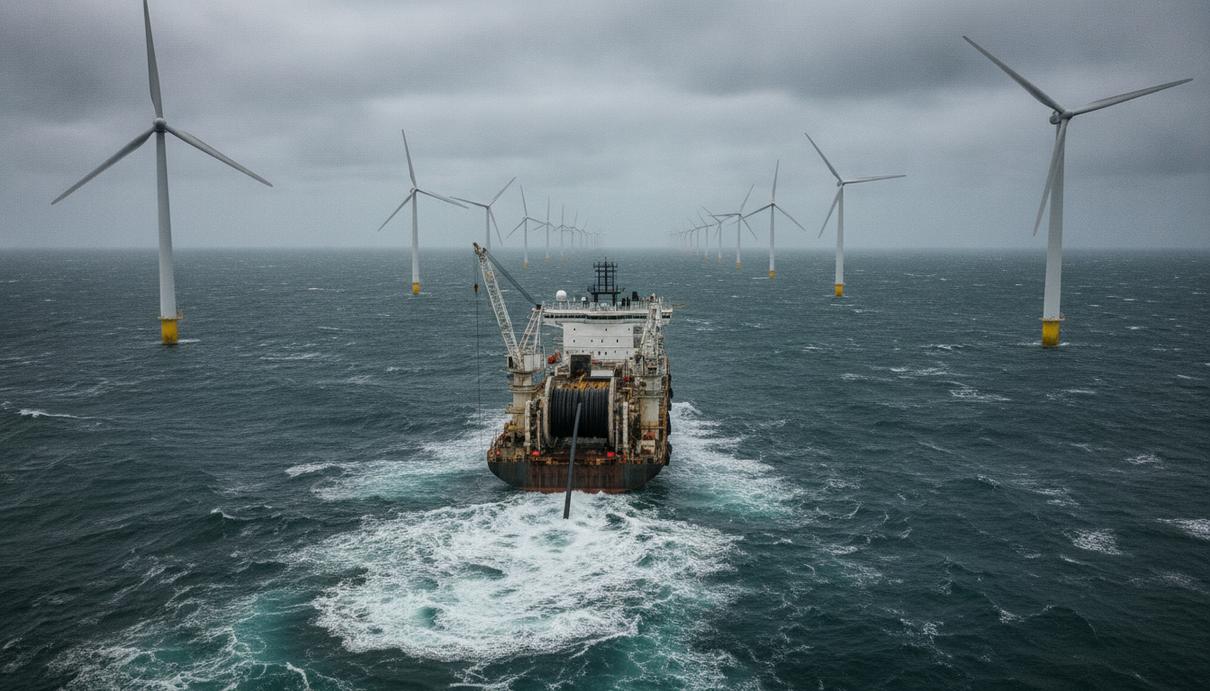 DeepOcean проложила кабели на ВЭС Nordseecluster A в Германии Морская ветроэлектростанция в Северном море. Судно-кабелеукладчик работает между ветряными турбинами в пасмурную погоду.