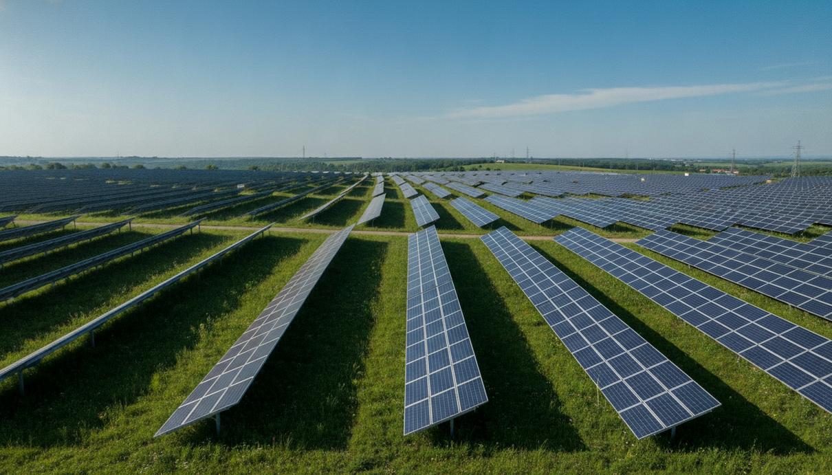 Польская R.Power привлекла €41,6 млн на солнечные проекты в Румынии Солнечная электростанция с рядами фотоэлектрических панелей на фоне зеленых холмов.