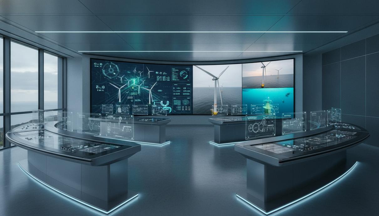 RWE открыла в Германии центр управления морскими ветропарками Современный диспетчерский центр с большим видеоэкраном, на котором отображаются данные о работе морских ветряных турбин.
