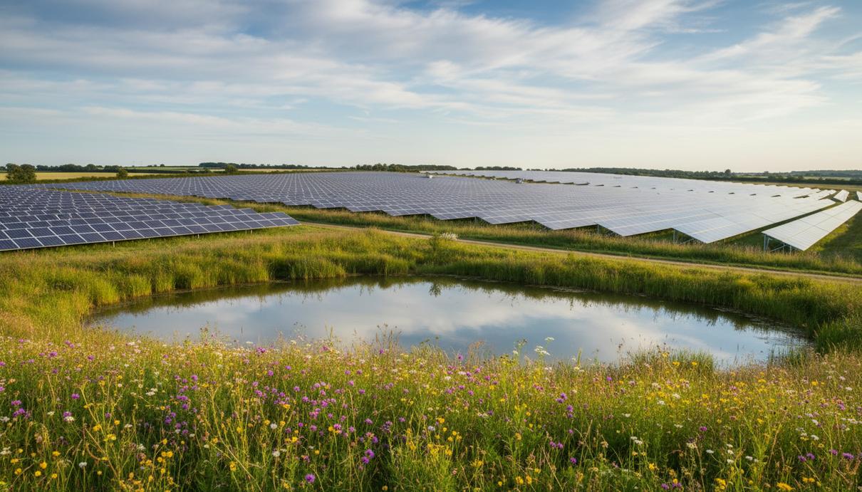 Luminous Energy продала в Британии проект СЭС с привязкой к биоразнообразию Солнечная электростанция в графстве Суррей. Ряды солнечных панелей, на переднем плане – луг с полевыми цветами и небольшой пруд.