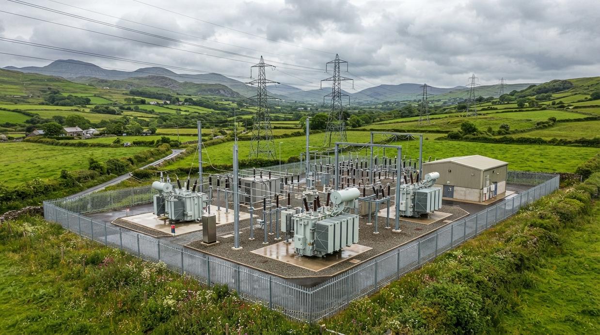 BOOM POWER построит в Уэльсе инфраструктуру для накопителя энергии Современная электроподстанция с трансформаторами и линиями электропередачи на фоне зелёных холмов острова Англси в Уэльсе.
