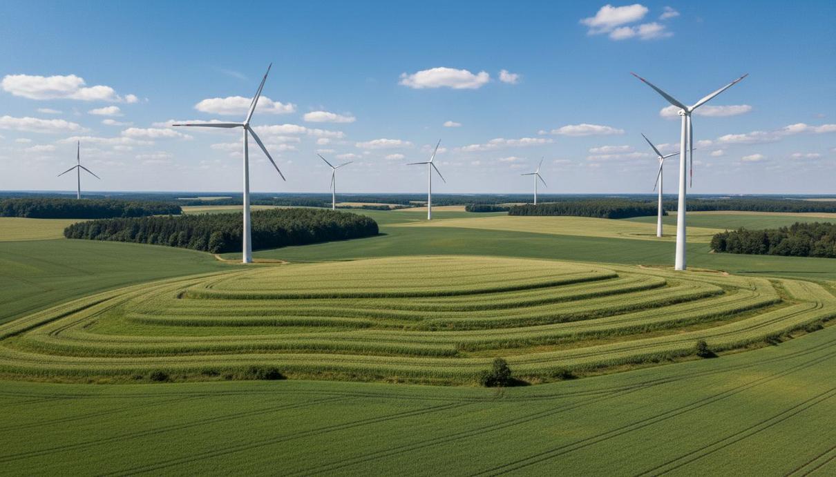 Qualitas Energy полностью запустила ветропарк на 33,6 МВт в Германии Восемь ветряных турбин среди зеленых полей и холмов на фоне голубого неба с легкими облаками.