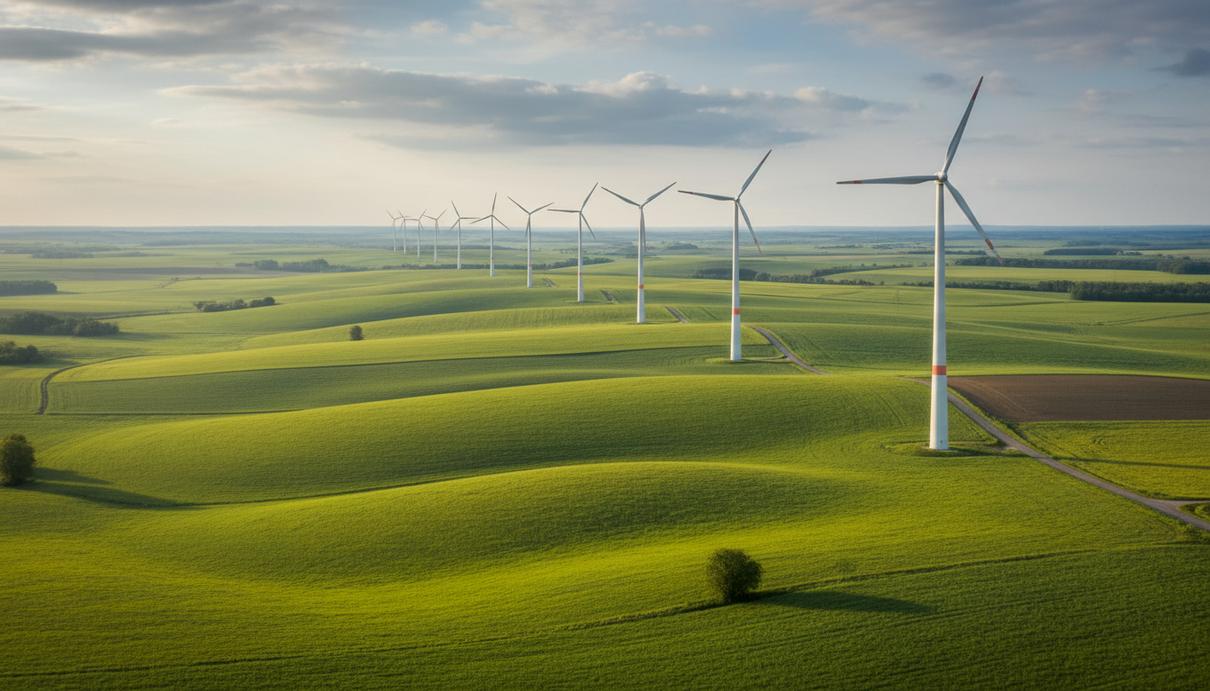 Qualitas Energy построит в Германии ВЭС на 113,2 МВт по итогам тендера Ряд ветрогенераторов в поле на фоне холмистого пейзажа в Германии.