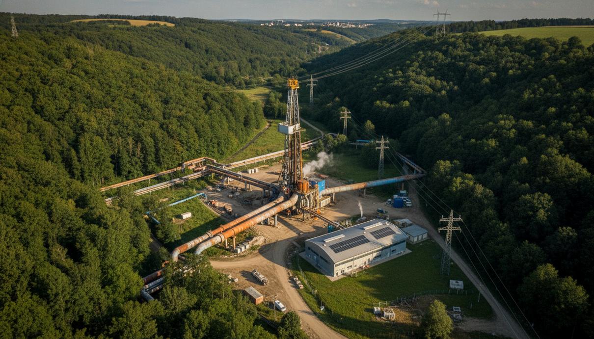 OMV и Energie Steiermark обеспечат половину Граца геотермальным отоплением Буровая вышка геотермальной станции в зеленой долине, промышленные трубы и элементы энергетической инфраструктуры.