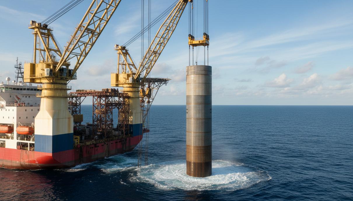 Vattenfall начала строить крупнейший в Германии ветропарк Nordlicht Монтажное судно с кранами опускает массивную стальную опору ветрогенератора в воды моря на фоне ясного неба.