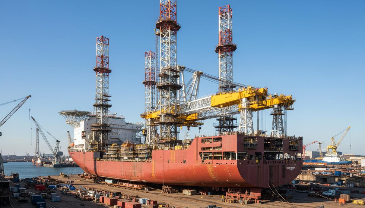 Cadeler привлекла 247 млн евро на судно для монтажа морских ветропарков Огромное судно для установки морских ветрогенераторов с тяжелым краном и высокими опорами, строящееся в сухом доке верфи.