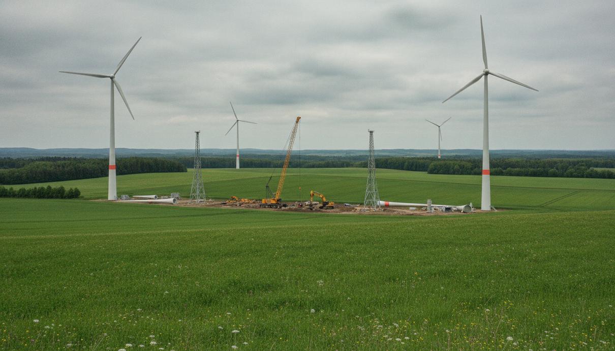 RWE в четыре раза увеличит мощность ветропарка Ретен-Вордорф в Германии Современные ветряные турбины в зеленом поле и строительная техника, работающая на участке