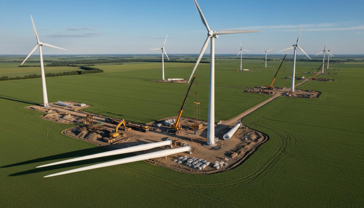 Eurowind Energy построит три новые ветроэлектростанции в Румынии Строительство ветроэлектростанции в поле: высокие белые турбины, строительные краны и техника на фоне ясного неба.