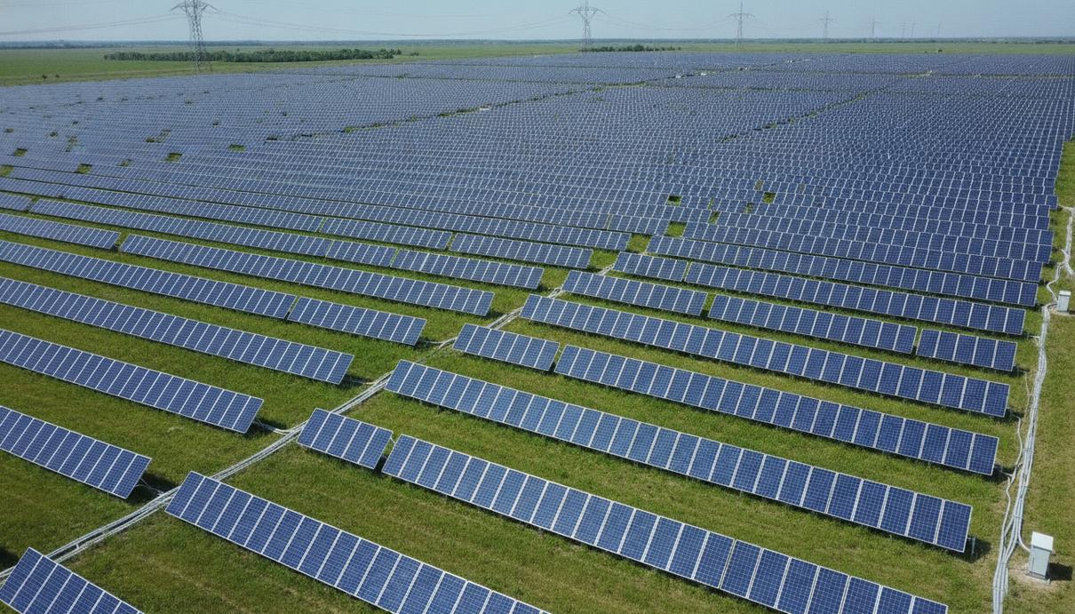 Greenvolt Power продаст солнечную станцию в Венгрии за 64,2 млн евро Ряды синих солнечных панелей на зеленом поле под ясным небом. На заднем плане расположены линии электропередачи.
