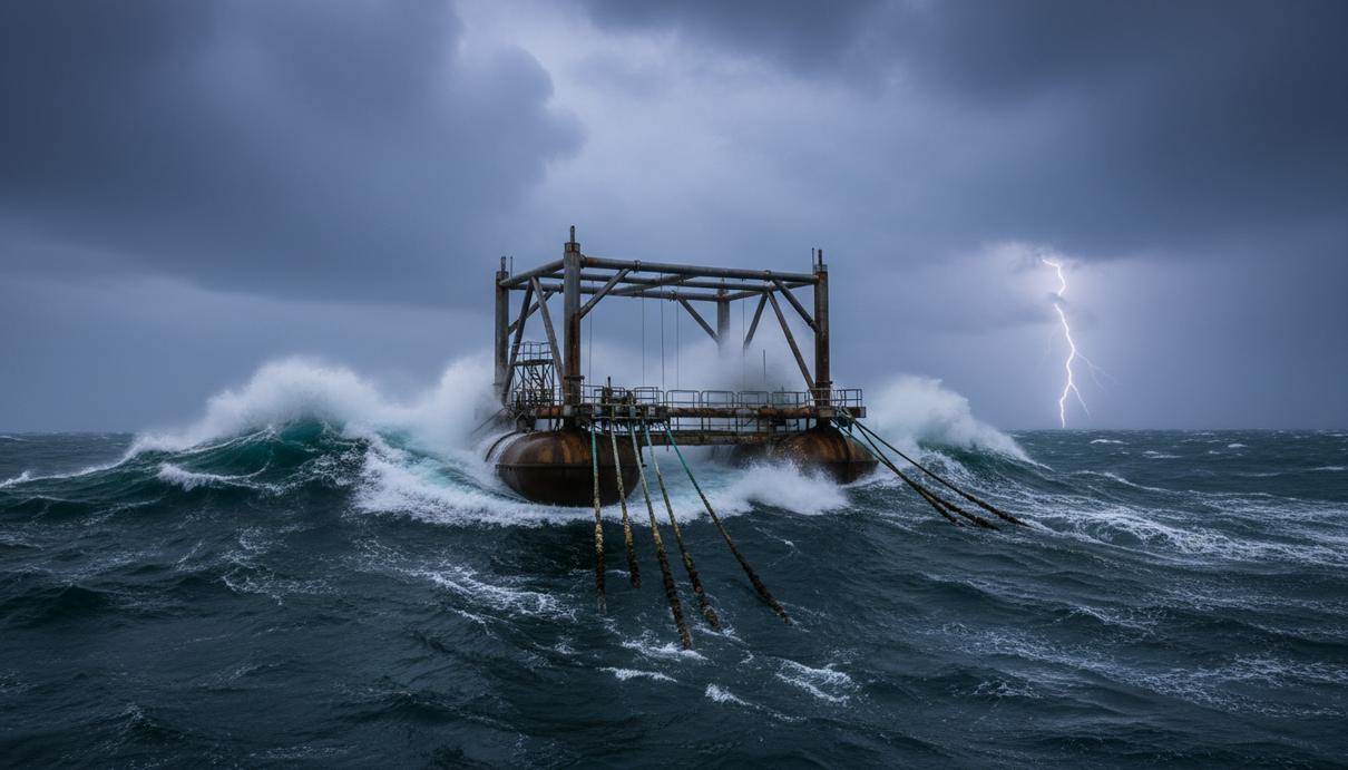 Волновой генератор CorPower Ocean впервые в мире прошел сертификацию DNV Металлический волновой генератор работает в океане во время шторма среди высоких волн под темным небом.