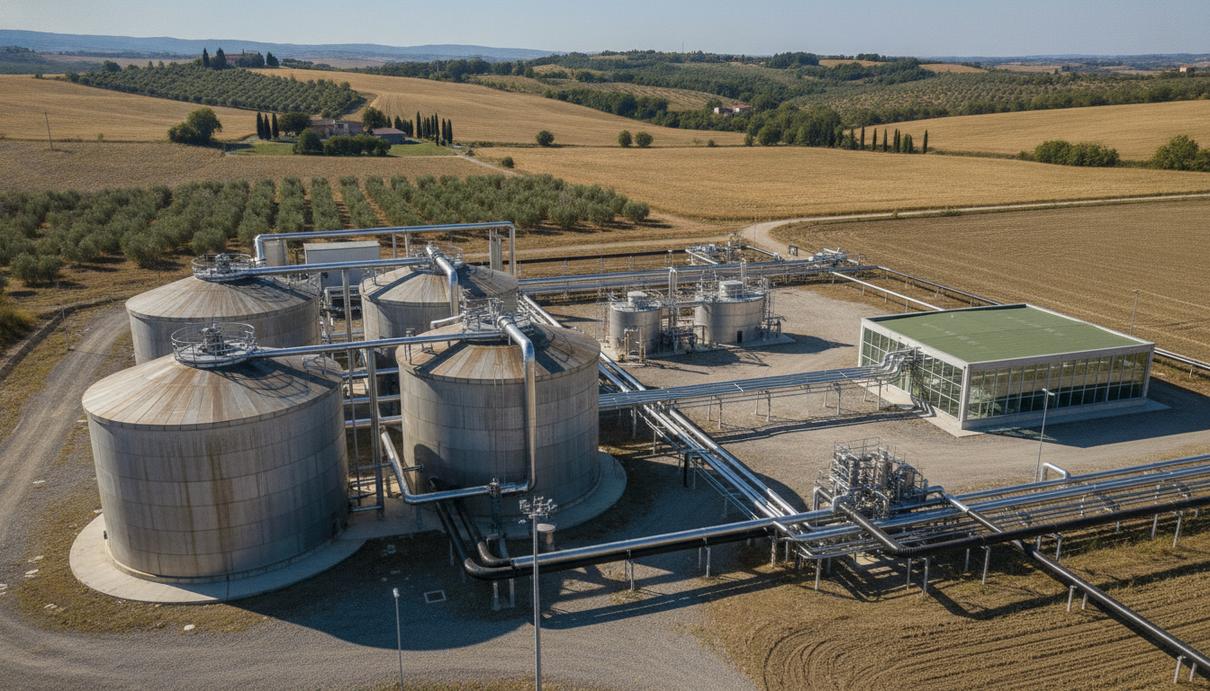 Zenith Energy выкупит итальянского разработчика биогазовых проектов Промышленный биогазовый завод с большими резервуарами и трубопроводами на фоне солнечного сельскохозяйственного пейзажа.