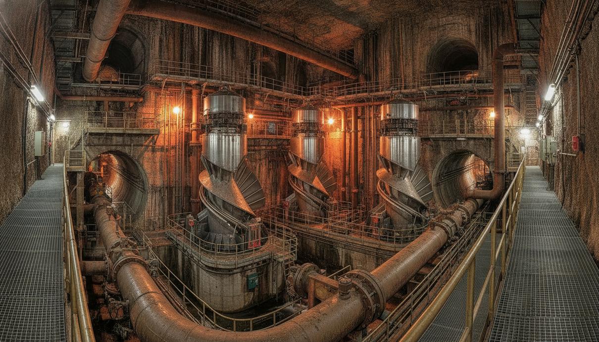 GE Vernova модернизирует крупнейшую в Европе ГАЭС Подземный машинный зал гидроэлектростанции с массивными стальными турбинами, трубами и промышленным оборудованием.