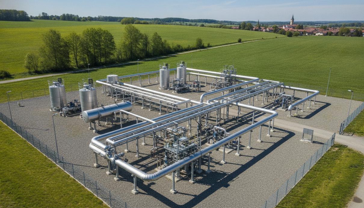 Металлические трубы и газовые вентили распределительной станции на фоне зеленых полей и сельского пейзажа
