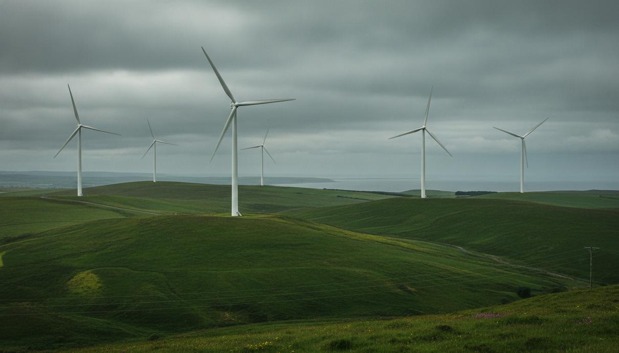 Natural Power будет обслуживать пять шотландских ветропарков Белые ветрогенераторы на зеленых холмах Шотландии на фоне облачного неба.