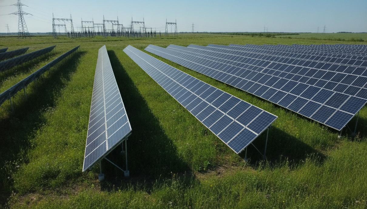 ABO Energy продаст активы в Венгрии и Польше греческой группе PPC Ряды солнечных панелей в зеленом поле в ясный солнечный день, на заднем плане виднеется электрическая подстанция.