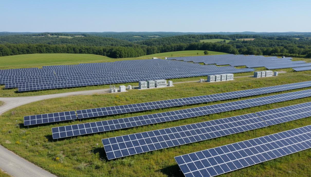 Statkraft построит солнечную электростанцию на 32 МВт в британском Корнуолле Масштабная солнечная электростанция с рядами панелей и контейнерами накопителей энергии на фоне зеленых холмов.