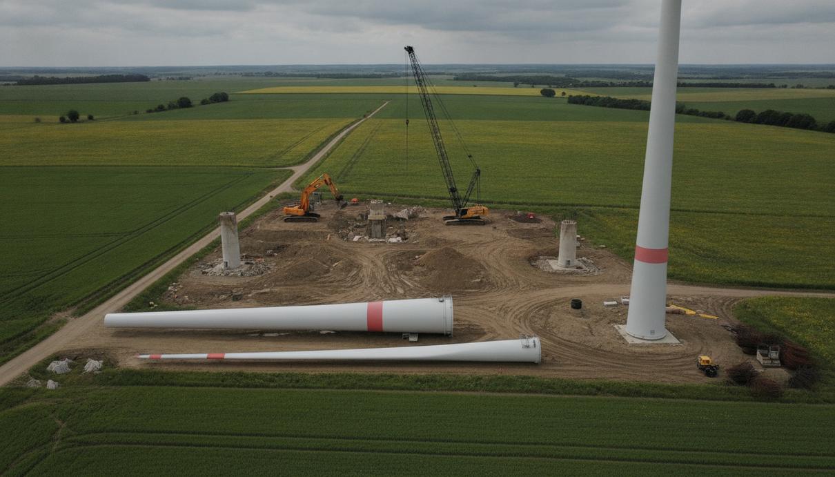 Qualitas Energy модернизирует ветропарк Ингштеттен в Германии Строительная площадка ветропарка с тяжелой техникой и деталями новых ветряных турбин на фоне зеленых полей.