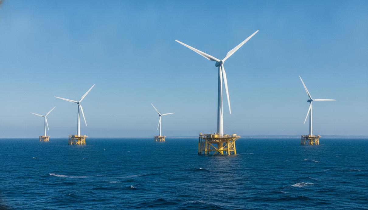 Cierco Energy арендовала участок в Кельтском море под тестовые ветропарки Морские ветрогенераторы с длинными лопастями на плавучих платформах в открытом море при ясной погоде.