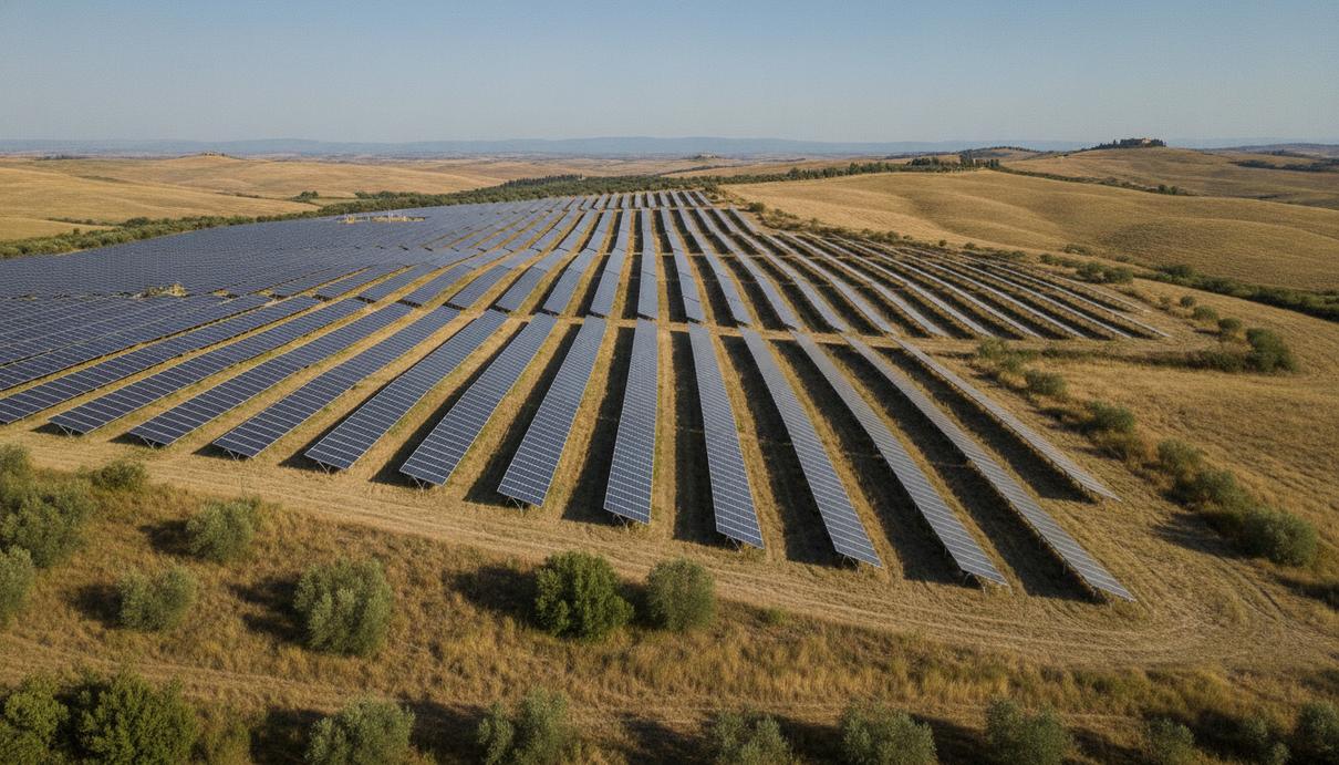 Altea Green Power согласовала проект новой СЭС в Тоскане Масштабная солнечная электростанция с рядами фотоэлектрических панелей на тосканских холмах под ясным небом