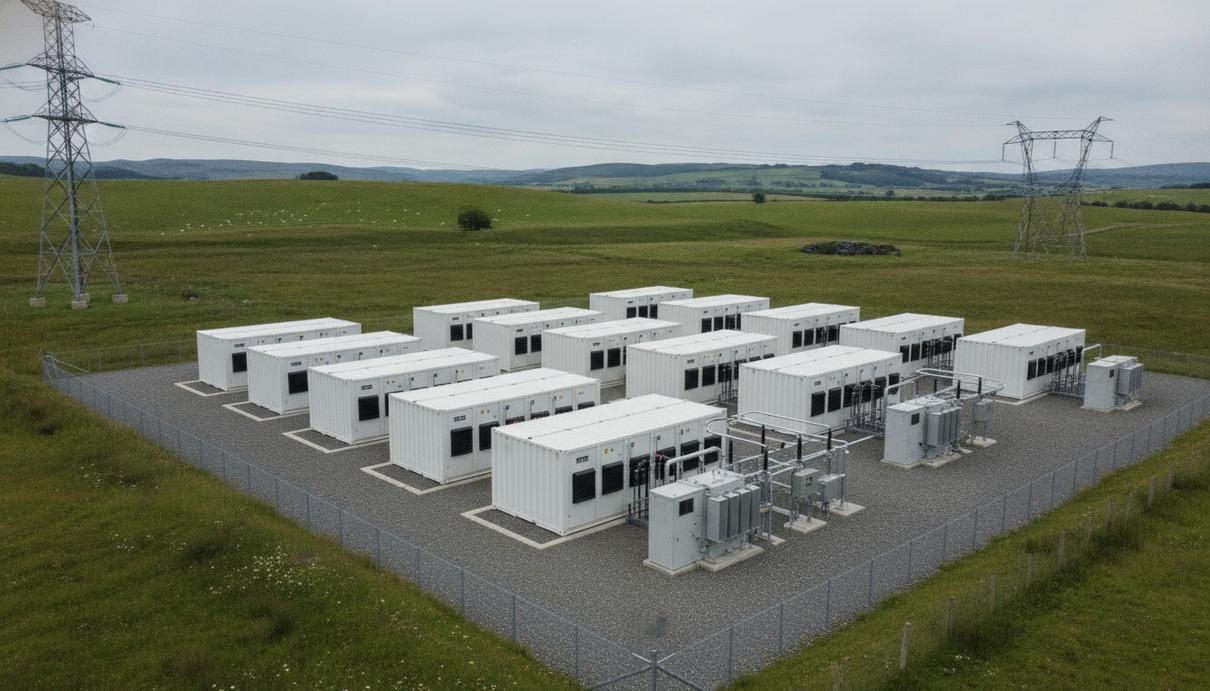 Santander профинансирует батарейный комплекс Brockwell Energy в Шотландии Белые промышленные контейнеры системы накопления энергии на зеленом поле на фоне холмов и опор линий электропередачи