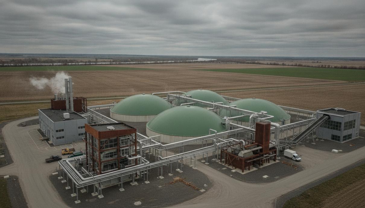 Современный биогазовый завод с крупными куполообразными резервуарами и металлическими трубами на фоне равнинного пейзажа.