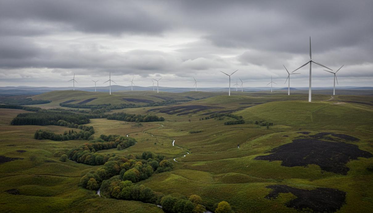 Fred. Olsen Renewables построит ветроэлектростанцию на севере Шотландии Современные ветряные турбины на зеленых холмах в пасмурную погоду. Рядом находятся торфяники, ручьи и деревья.