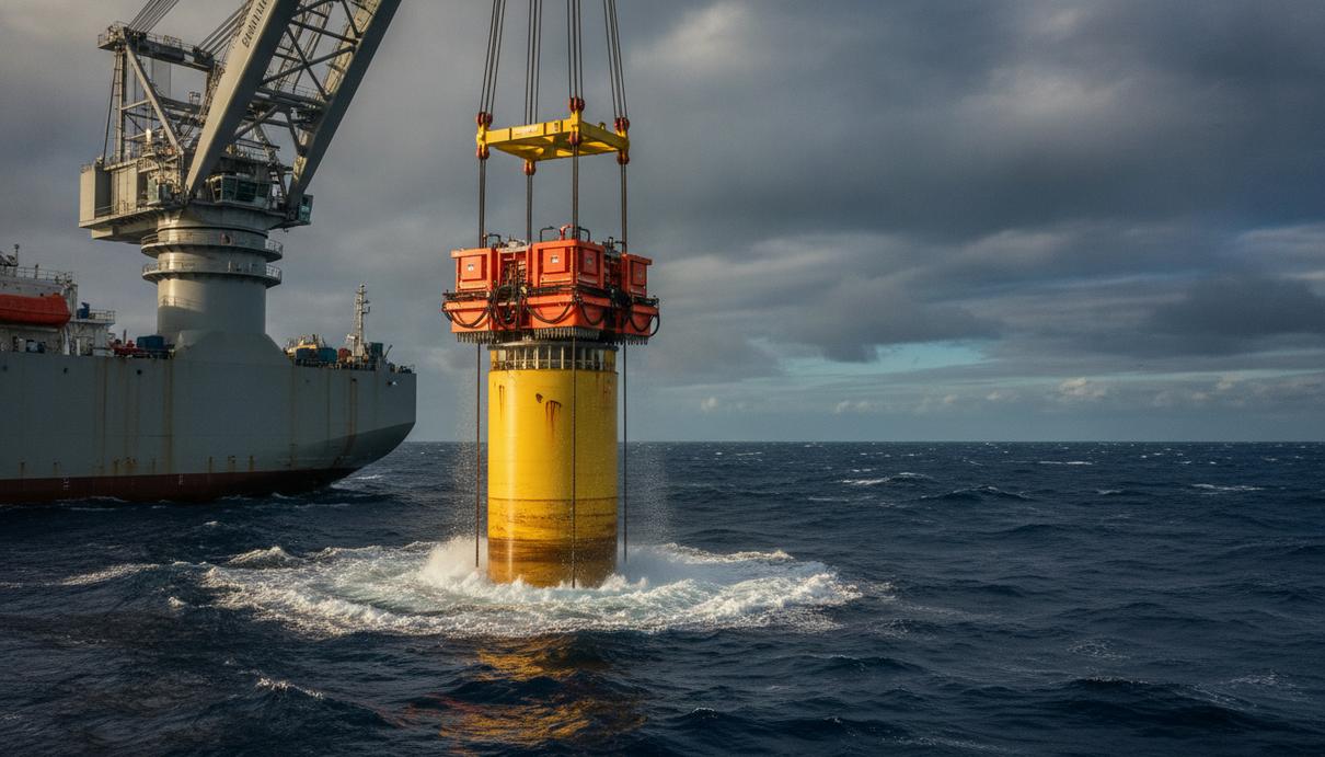 Новую технологию тихого монтажа морских ветряков выведут на рынок к 2027 году Морское судно-кран монтирует массивную желтую стальную опору для ветрогенератора в воду с помощью виброоборудования.