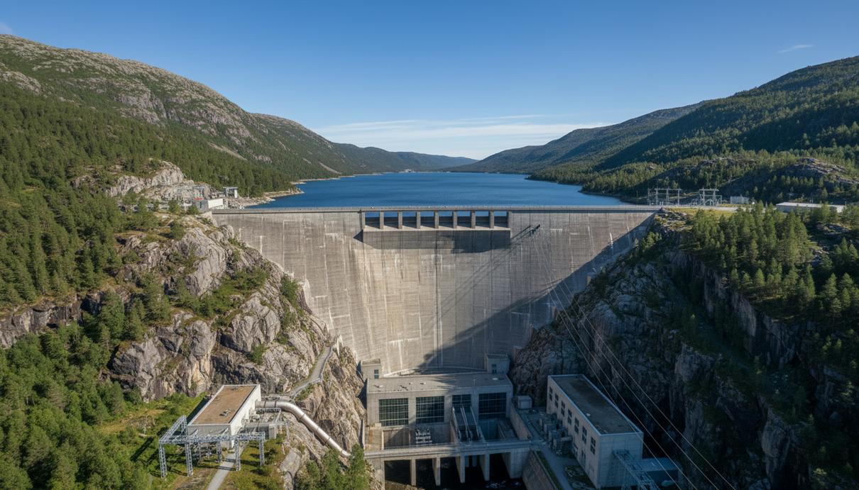 Statkraft вложит 3 млрд крон в строительство новых ГЭС в Норвегии Плотина гидроэлектростанции в норвежском ущелье, окруженная хвойным лесом и глубоким синим водохранилищем.