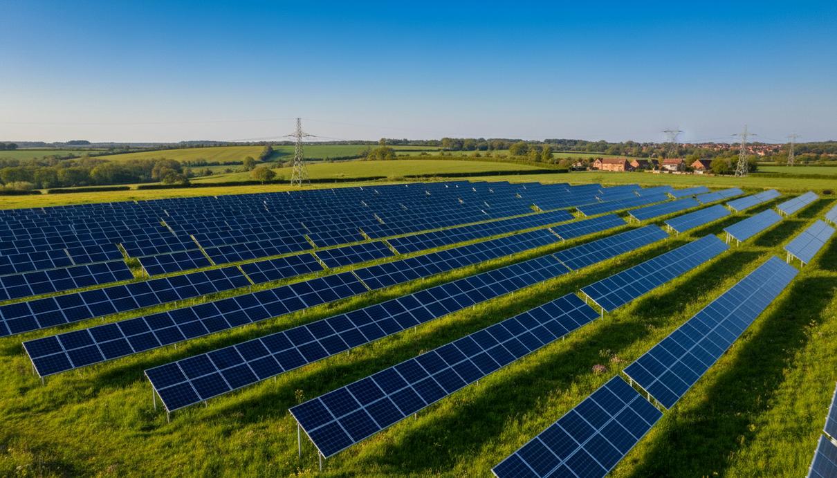 Greencells запустила в Великобритании солнечную электростанцию на 40 МВт Масштабная солнечная электростанция с длинными рядами фотоэлектрических панелей, расположенная в зеленом поле.