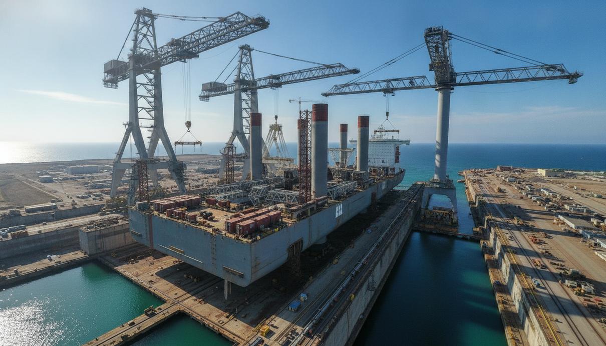Cadeler заказала китайской COSCO два судна для морских ветропарков за €805 млн Строящееся судно для монтажа морских ветрогенераторов на крупной судоверфи, окруженное массивными портовыми кранами.