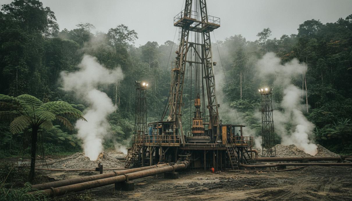 Iceland Drilling и Pertamina займутся геотермальным бурением Промышленная буровая установка для добычи геотермальной энергии с металлическими трубами на фоне тропического леса.
