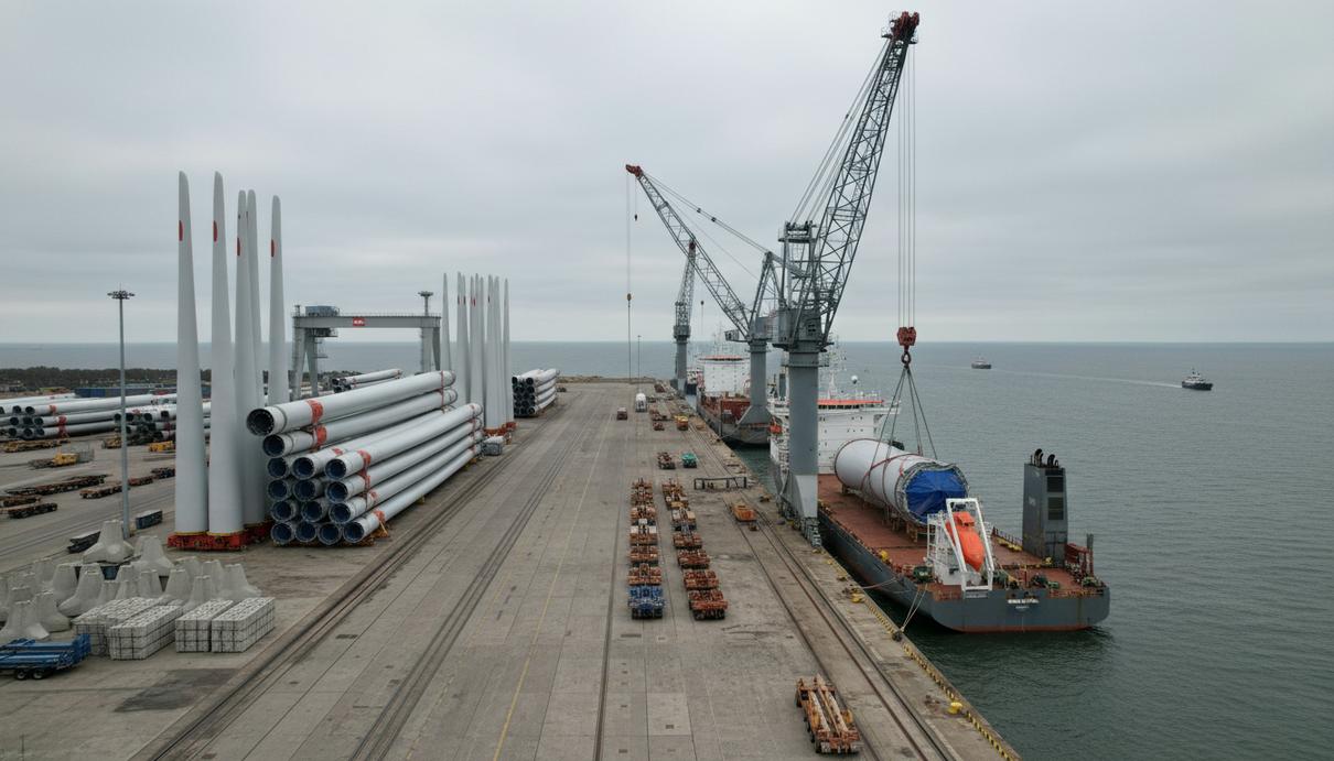 ORLEN расширит ветроэнергетический терминал в польском Свиноуйсьце Морской портовый терминал с грузовыми судами, высотными кранами и длинными лопастями ветрогенераторов на бетонном причале.
