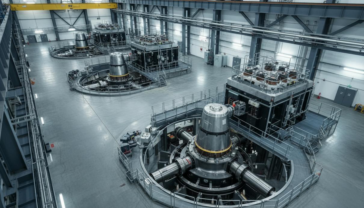 Bilfinger модернизирует генераторы на австрийской ГЭС «Гарстен – Санкт-Ульрих» Массивные промышленные генераторы и металлические конструкции в машинном зале гидроэлектростанции.