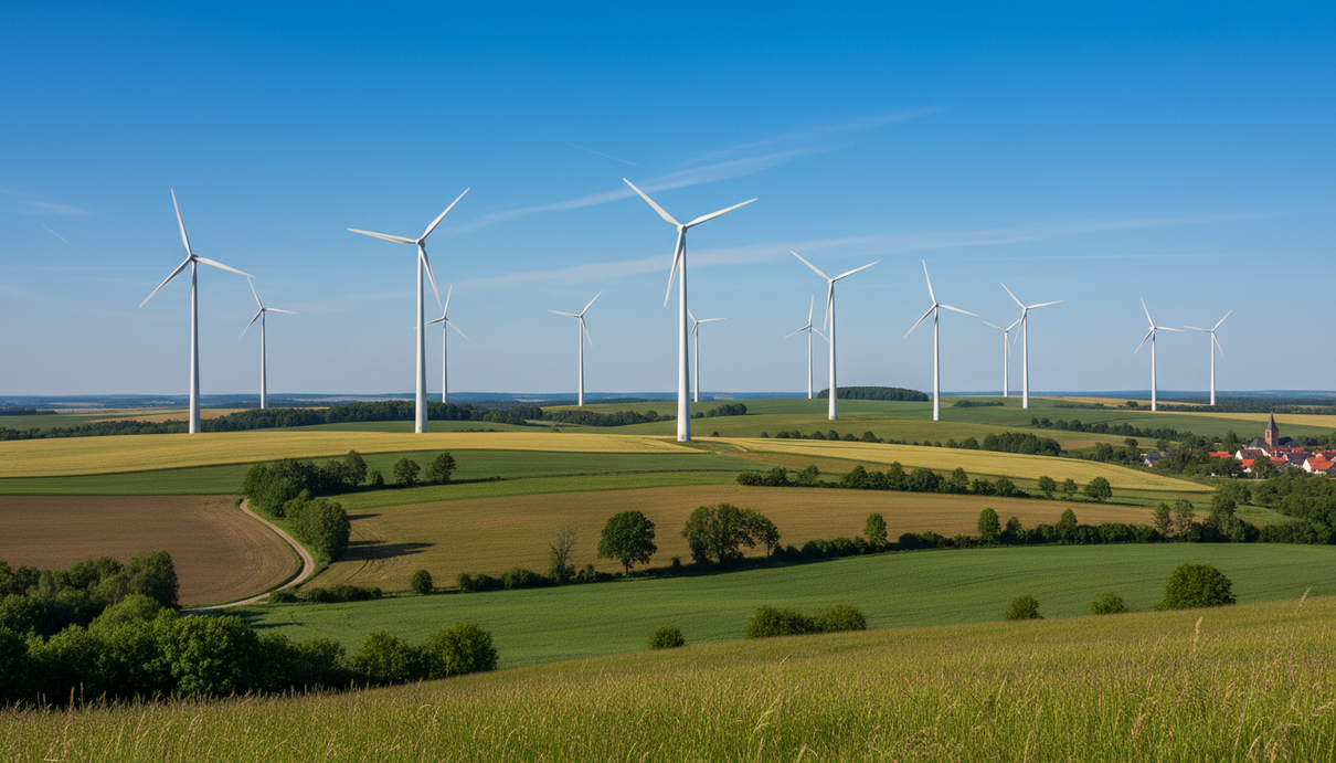 European Energy получила квоты на 90 МВт для наземных ветропарков в Германии Современные наземные ветряные турбины, расположенные на зеленых холмах в сельской местности на фоне ясного неба.