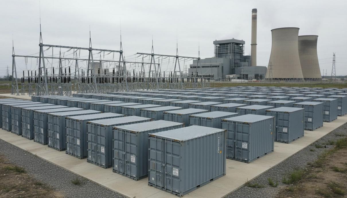 RWE построит в Нидерландах аккумуляторный комплекс на 400 МВт Ряды промышленных контейнеров аккумуляторной станции на бетонной площадке на фоне высоковольтной подстанции.