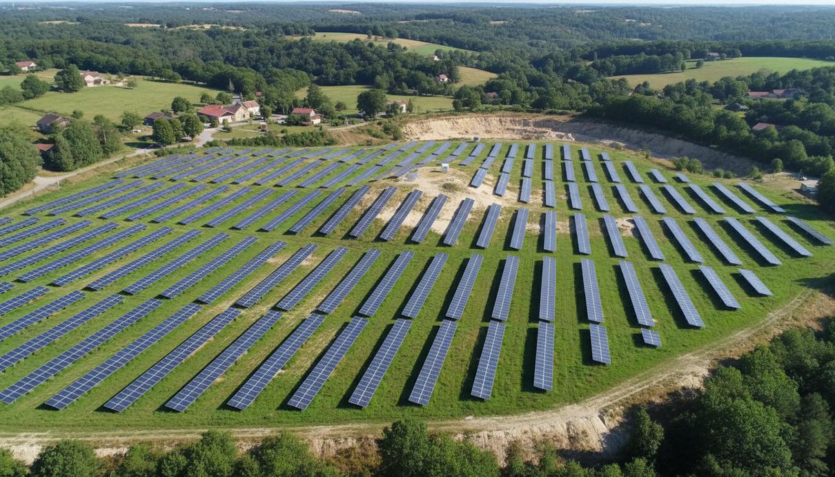 Q ENERGY запустила солнечную станцию на месте карьера во Франции Солнечная электростанция с тысячами панелей, расположенная на месте бывшего песчаного карьера среди зеленых полей.