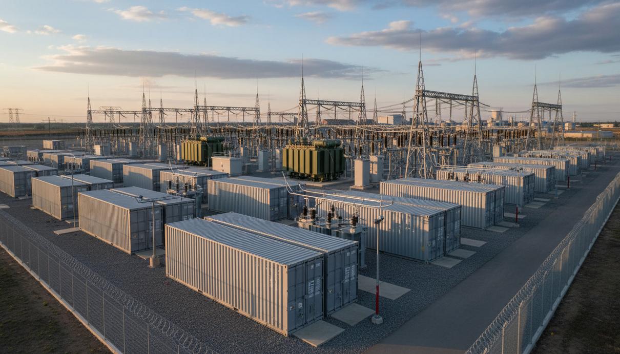 В Австралии заработал крупный накопитель энергии Waratah Super Battery Промышленные контейнеры и трансформаторы системы накопления энергии на территории электростанции под открытым небом.