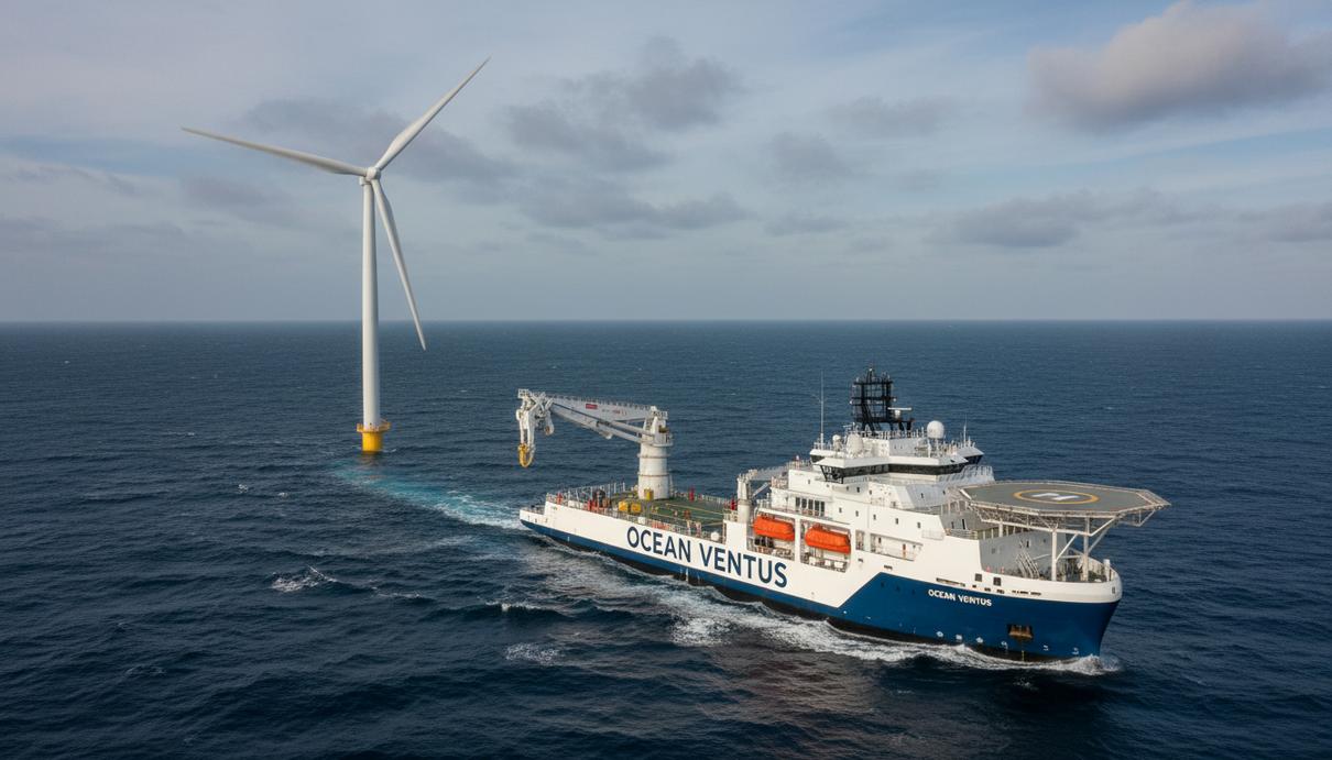 Флот Windward Offshore пополнился четвертым судном для морских ветропарков Сервисное судно с вертолетной площадкой и переходным мостиком плывет в открытом море рядом с морской ветротурбиной.