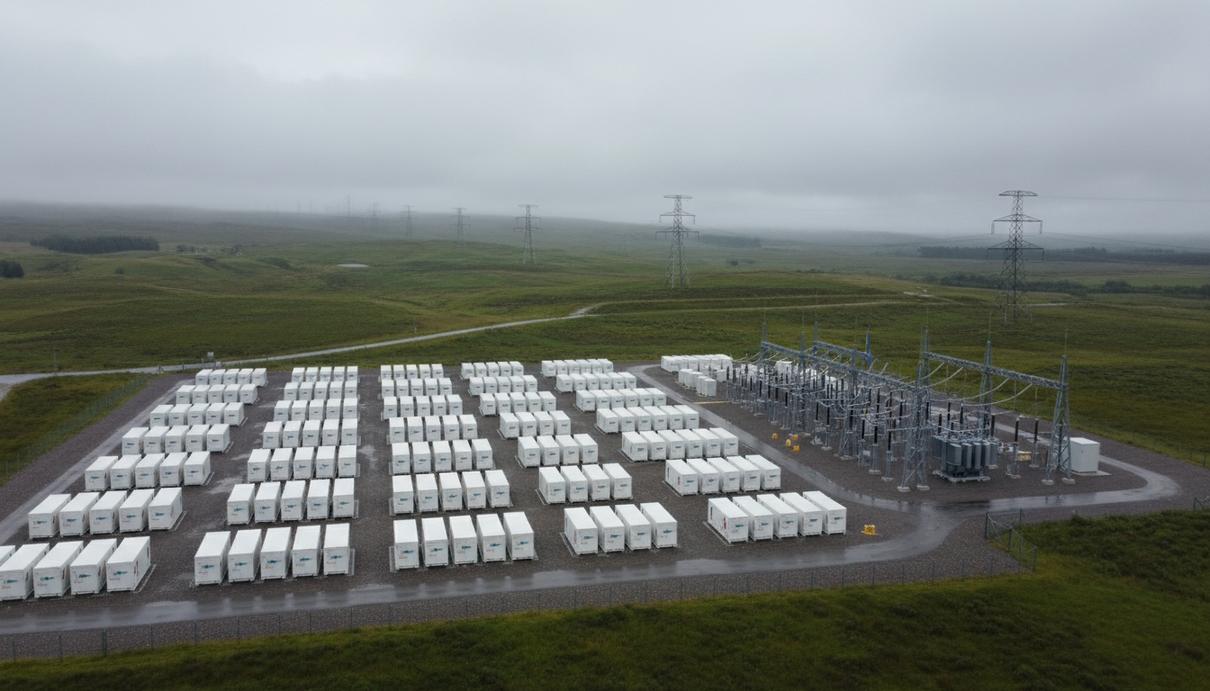 Revera Energy профинансирует крупный накопитель энергии в Шотландии Промышленные аккумуляторные батареи в белых контейнерах, электрическая подстанция и вышки ЛЭП на фоне зеленых холмов.