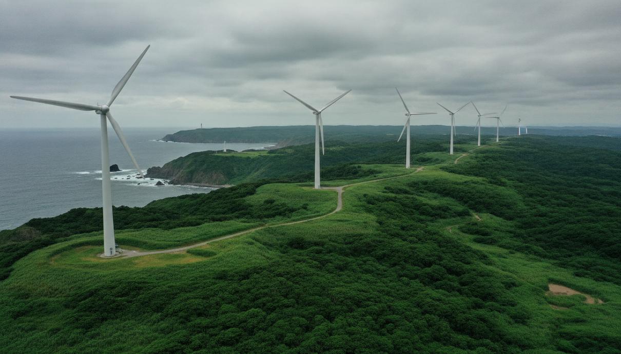 GE Vernova оснастит ветропарк Eurus Energy на севере Японии Ветровые турбины на зеленом холме на фоне побережья и пасмурного неба