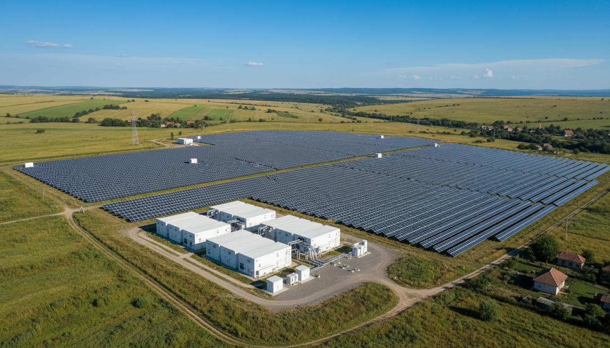 Phoenix Financial вложит 160 млн евро в румынские проекты Econergy Ряды солнечных панелей и белые промышленные контейнеры для хранения энергии на фоне сельского пейзажа.