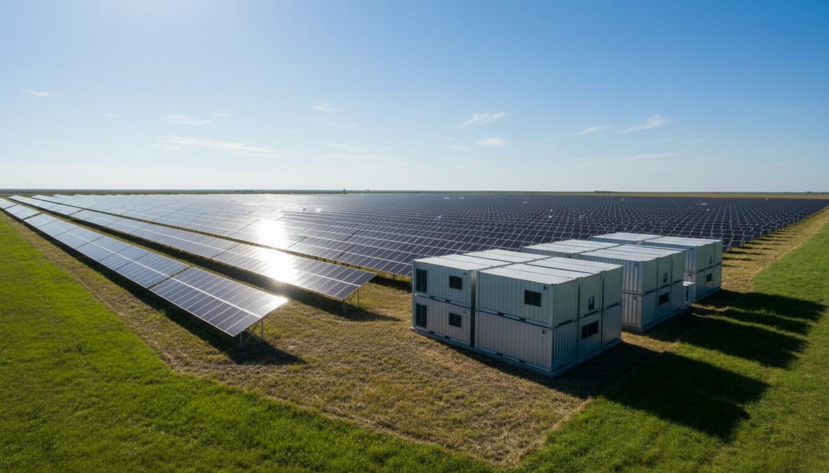 Станция MTerra Solar на Филиппинах начала коммерческие поставки электроэнергии Масштабный комплекс солнечных панелей и контейнеров с промышленными аккумуляторными батареями в поле под ясным небом.