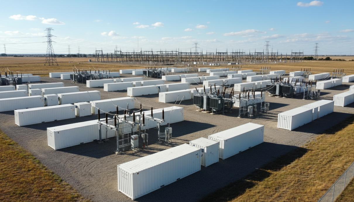 Greenvolt строит в Польше крупнейший накопитель энергии на 600 МВт Ряды белых промышленных контейнеров с аккумуляторами и трансформаторные станции на территории энергетического комплекса.