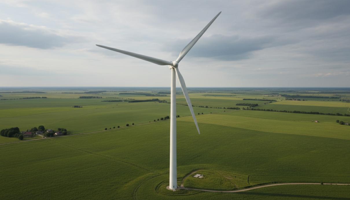 Vestas представила новую ветротурбину для работы при слабом ветре Современный ветрогенератор с большими лопастями стоит в зеленом поле на фоне облачного неба.